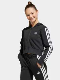 adidas Black Essentials 3-Stripes Crop Zip Kids Hoodie