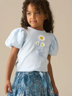 Angel & Rocket Blue Daisy Flower Embroidered Puff Sleeve T-Shirts