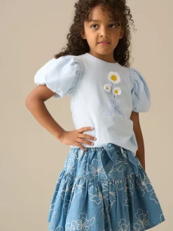 Angel & Rocket Blue Daisy Flower Embroidered Puff Sleeve T-Shirts