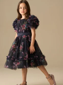 Angel & Rocket Blue Florence Navy Ruffle Mesh Sleeve Dress