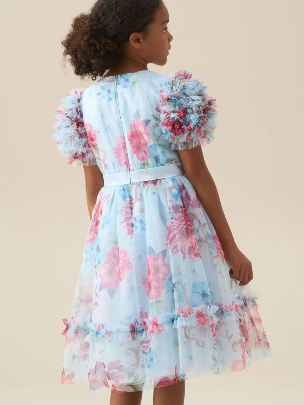 Angel & Rocket Blue Florence Blush Ruffle Sleeve Mesh Dress