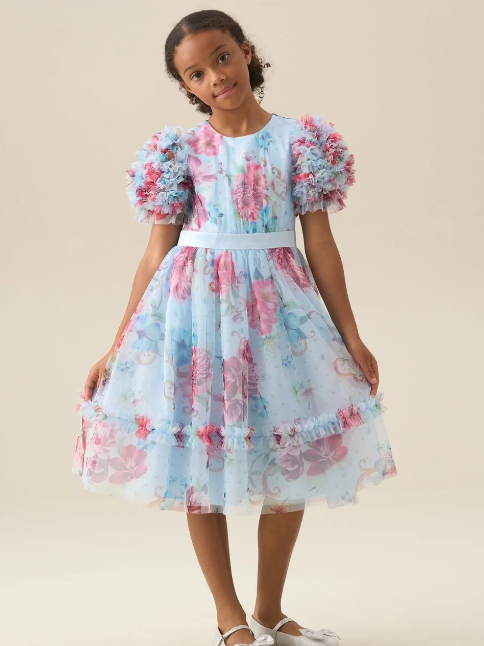 Angel & Rocket Blue Florence Blush Ruffle Sleeve Mesh Dress