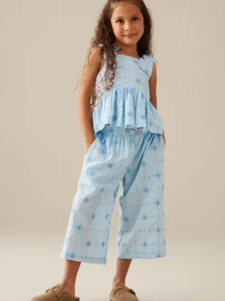 Angel & Rocket Blue Nellie Tie Waist Embroidered Wide Leg Trousers