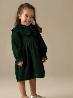 Angel & Rocket Green Dotty Scalloped Embroidered Collar Velvet Dress