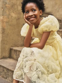 Angel & Rocket Yellow Francine Embellished Puff Sleeve Dress