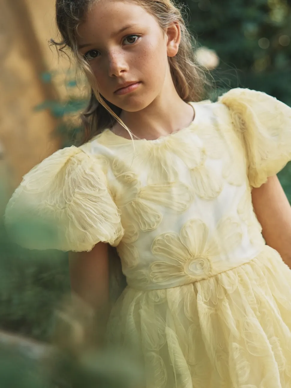 Angel & Rocket Yellow Francine Embellished Puff Sleeve Dress