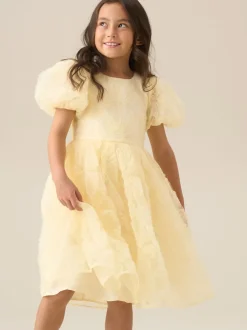 Angel & Rocket Yellow Francine Embellished Puff Sleeve Dress