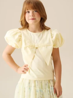Angel & Rocket Yellow Tilly Bow Collar Puff Sleeve T-Shirt