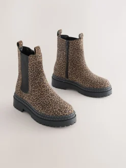 Animal Leopard Print Standard Fit (F) Leather Chunky Chelsea Boots