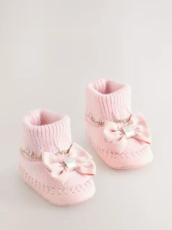Baby Girls Scallop Edge Knitted Padders Booties with Bow