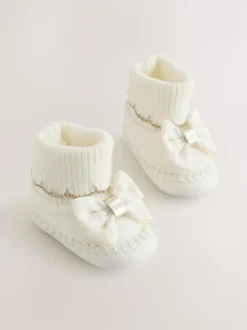 Baby Girls Scallop Edge Knitted Padders Booties with Bow
