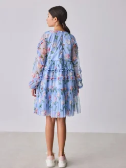 Baker by Ted Baker Blue Floral Mesh Ruffle Dress