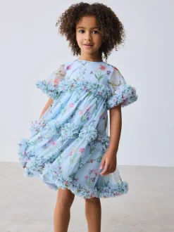 Baker by Ted Baker Blue Floral Ruffle Tiered Mesh Dress