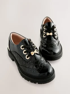 Baker by Ted Baker Girls Back to School Chunky Patent Black Brogue Shoes with Bow
