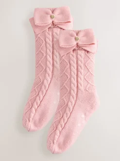 Baker by Ted Baker Pink Girls Cable Knitted Cosy Slipper Socks with Bow