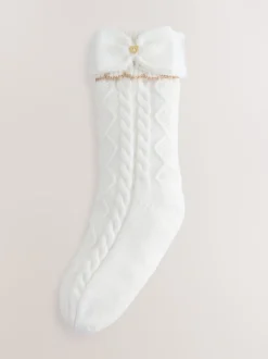 Baker by Ted Baker Pink Girls Cable Knitted Cosy Slipper Socks with Bow