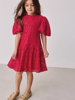 Baker by Ted Baker Red Sequin Lace Angel Sleeve Dress