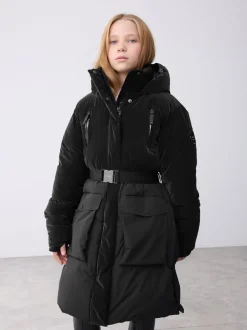 Baker by Ted Baker Shower Resistant Longline Belted Padded Black Parka