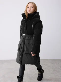 Baker by Ted Baker Shower Resistant Longline Belted Padded Black Parka