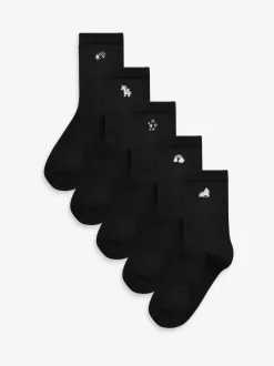 Black 5 Pack Unicorn Embroidered Ankle Socks