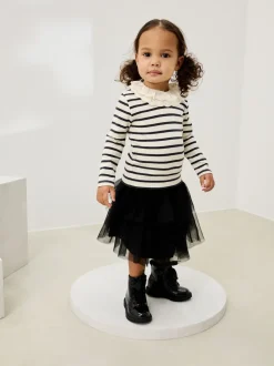 Black and White Stripe Long Sleeve Collar Top (3mths-7yrs)