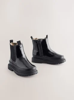 Black Patent Chunky Chelsea Ankle Boots
