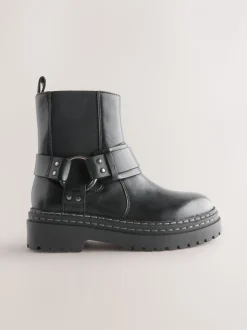 Black Standard Fit (F) Leather Chunky Harness Boots
