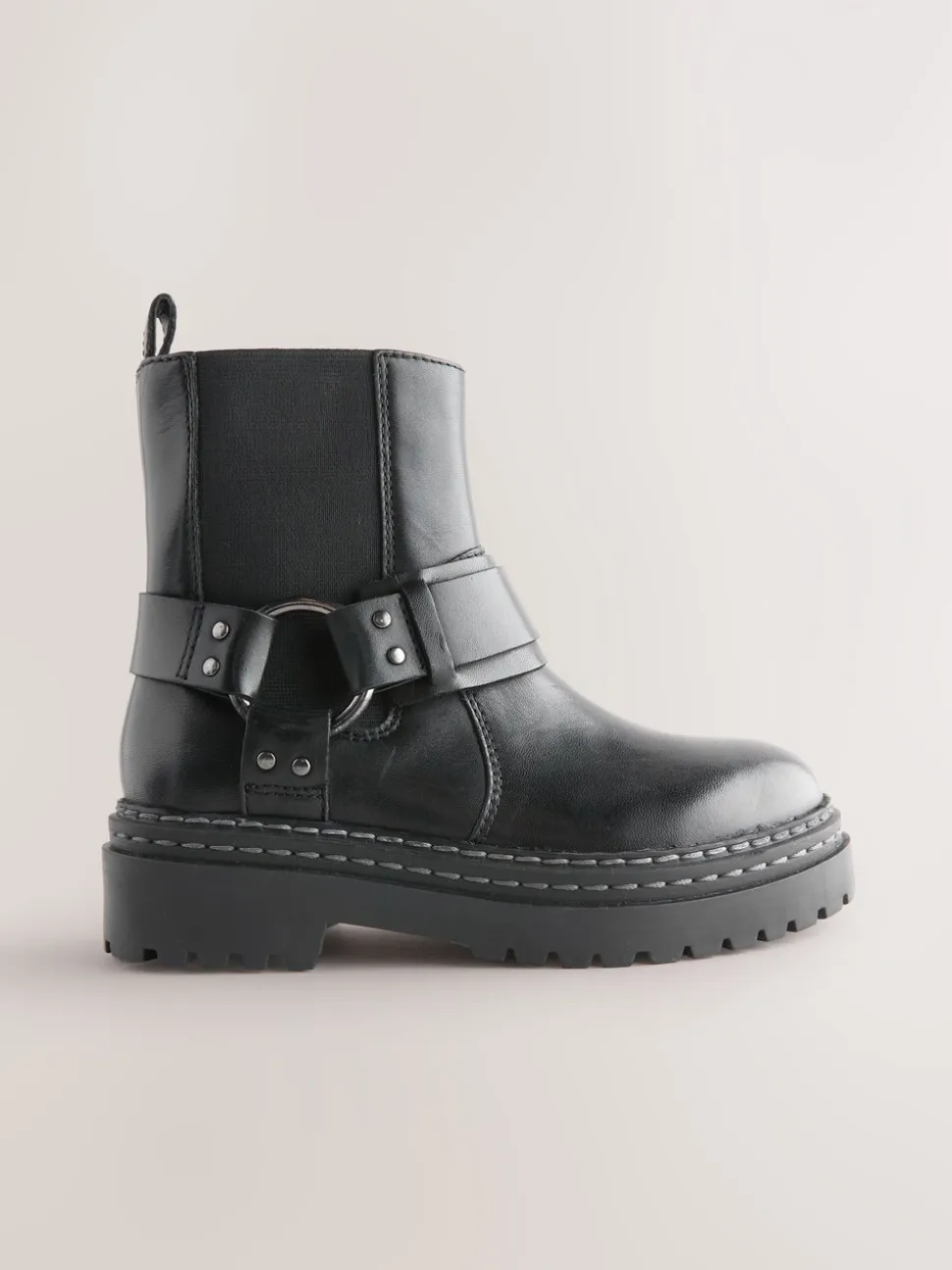 Black Standard Fit (F) Leather Chunky Harness Boots