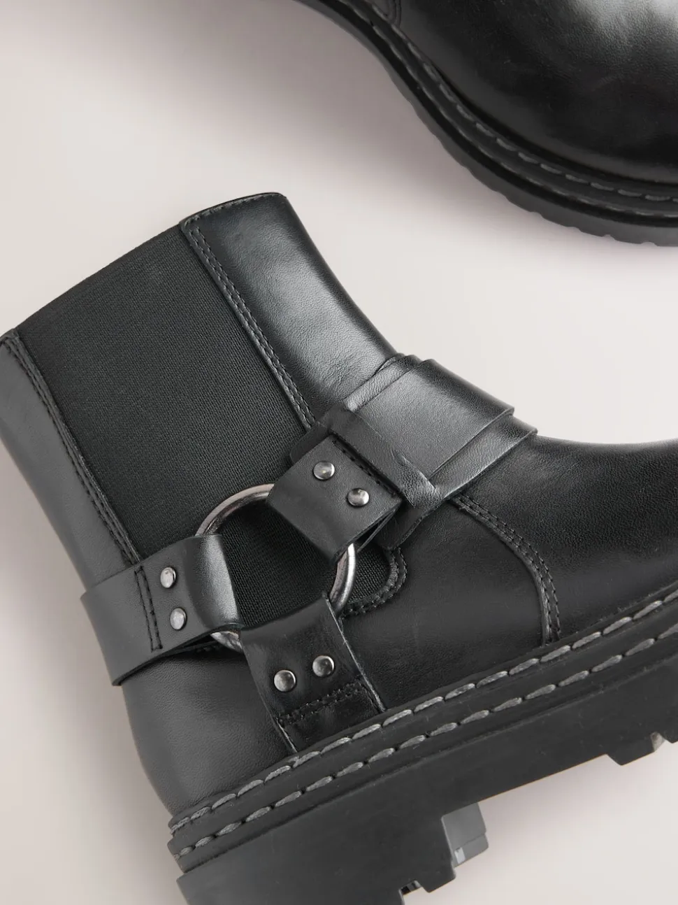 Black Standard Fit (F) Leather Chunky Harness Boots