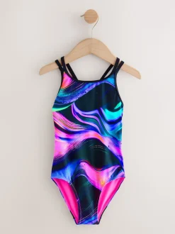 Black/Pink/Purple Swirl Double Strap Swimsuit (3-16yrs)