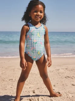 Blue Floral Gingham Lettuce Edge Swimsuit (3mths-7yrs)
