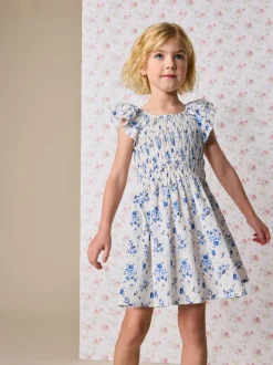 Blue Floral Smocked Frill Sleeve Dress (3-16yrs)