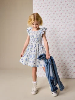 Blue Floral Smocked Frill Sleeve Dress (3-16yrs)