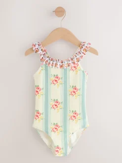 Blue Floral Stripe Frill Swimsuit (3-16yrs)