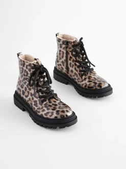 Brown Animal Print Standard Fit (F) Warm Lined Lace-Up Ankle Boots
