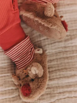 Brown Christmas Reindeer Baby Sock Top Boots (0-18mths)