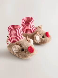 Brown Christmas Reindeer Baby Sock Top Boots (0-18mths)