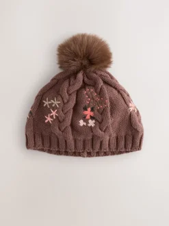 Brown Floral Embroidered Pom Baby Beanie Hat (0mths-2yrs)