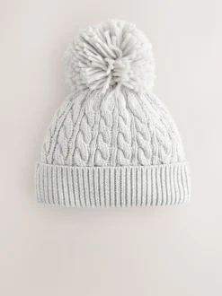 Grey Knitted Cable Pom Beanie