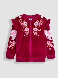 JoJo Maman Bébé Berry Floral Bird Embroidered Frill Velour Jacket