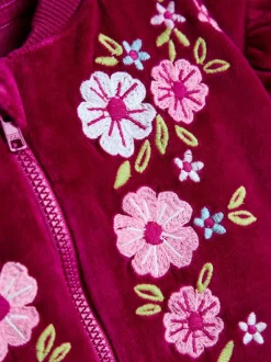 JoJo Maman Bébé Berry Floral Bird Embroidered Frill Velour Jacket