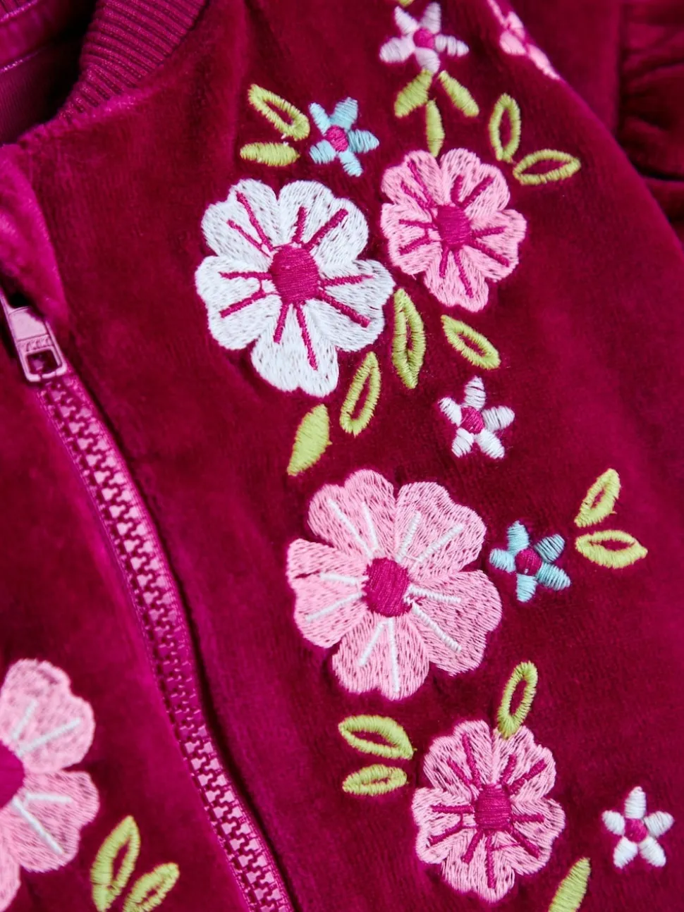 JoJo Maman Bébé Berry Floral Bird Embroidered Frill Velour Jacket