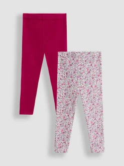 JoJo Maman Bébé Berry Pink Floral Fleece-Lined Printed Leggings 2 Pack