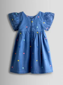 JoJo Maman Bébé Blue Embroidered Frill Sleeve Dress