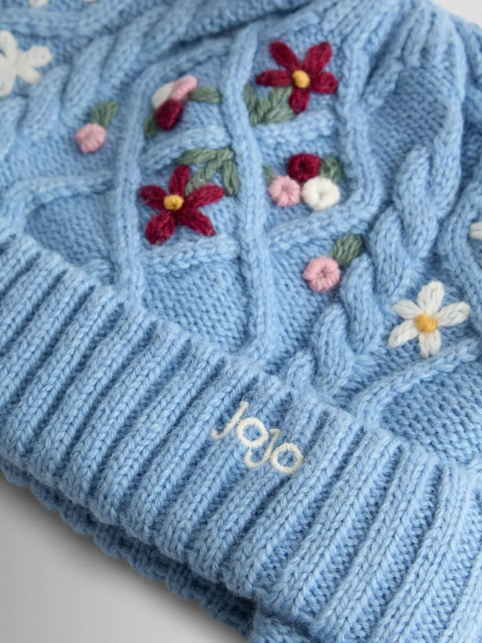 JoJo Maman Bébé Blue Floral Embroidered Cable Hat