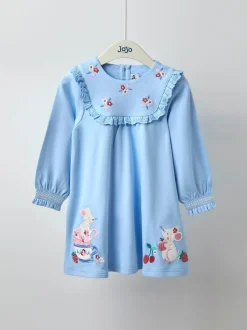 JoJo Maman Bébé Blue Mouse Tea Party Appliqué Yoke Dress