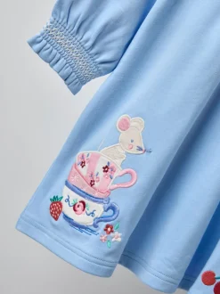 JoJo Maman Bébé Blue Mouse Tea Party Appliqué Yoke Dress