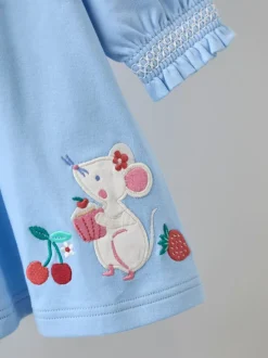 JoJo Maman Bébé Blue Mouse Tea Party Appliqué Yoke Dress