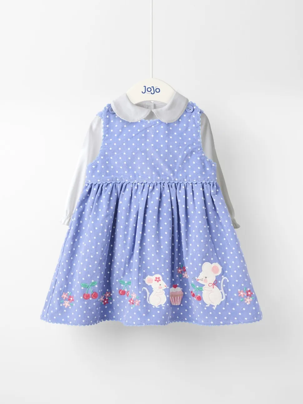 JoJo Maman Bébé Blue Mouse & Treats Appliqué Cord Dress and Top Set