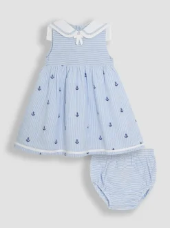 JoJo Maman Bébé Blue Nautical Embroidered Seersucker Sailor Baby Dress